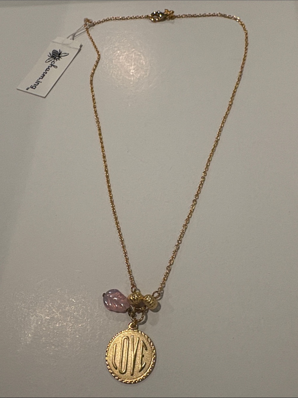 Bee Charming Gold 'LOVE' Pendant Necklace with Rose Pink Charm NWT
